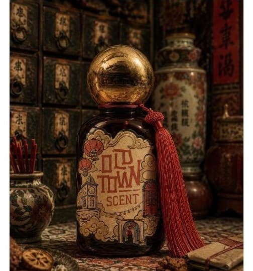 Phuket Old Town Scent bottle — amber glass, gold cap, red tassel, kraft label